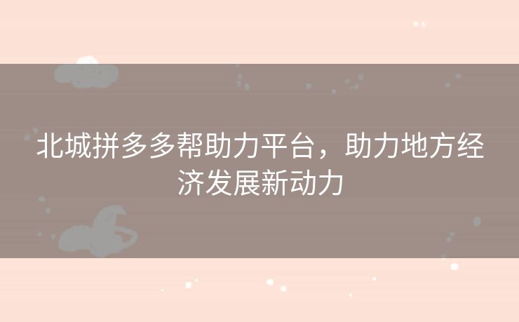 北城拼多多帮助力平台，助力地方经济发展新动力